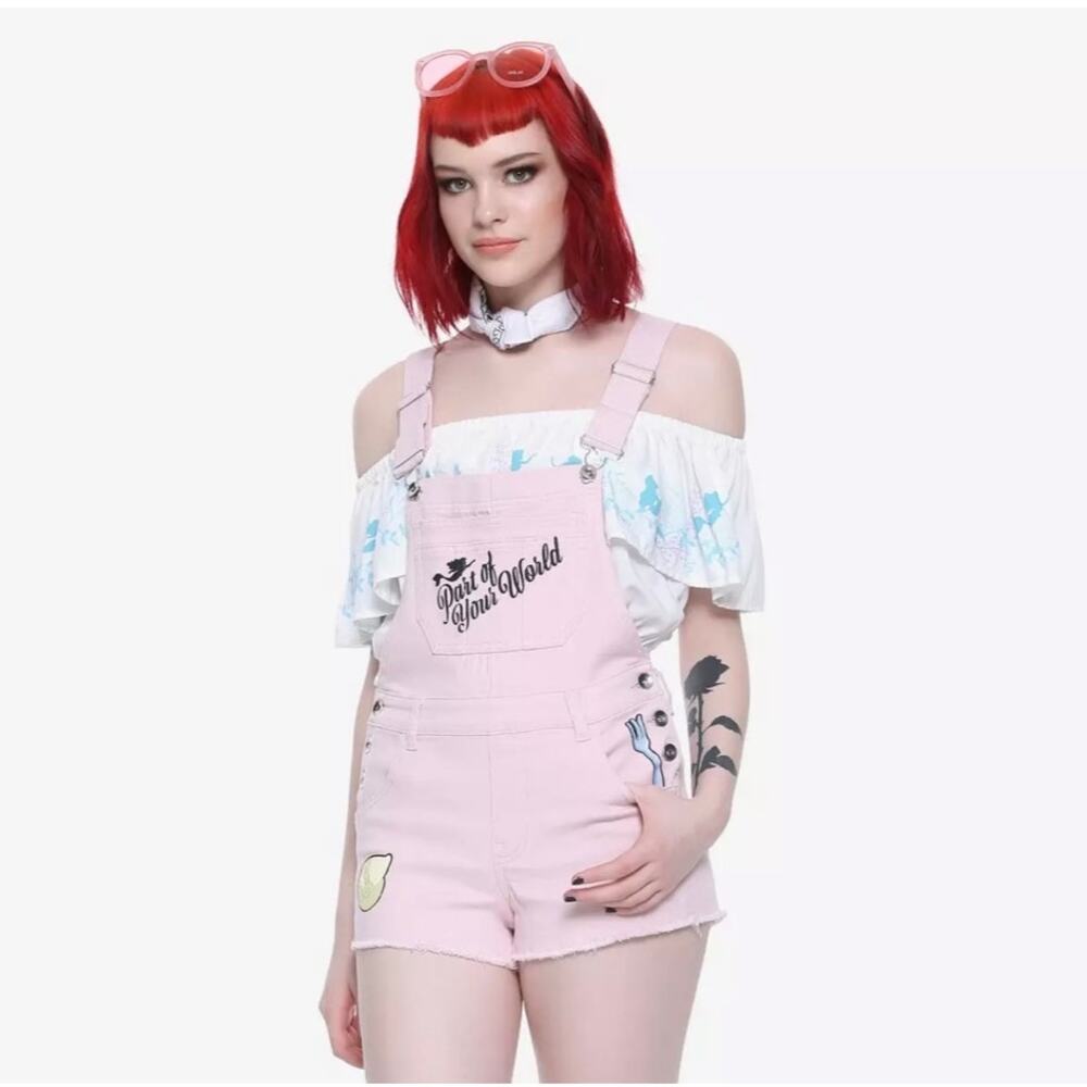 NWT Hot Topic Disney Little Mermaid Ariel Pink Denim Shortalls M Casual Vacation - Picture 2 of 11